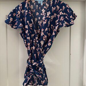 Draper James Navy Blue Floral Wrap Top with Flutter Sleeves - Size 8